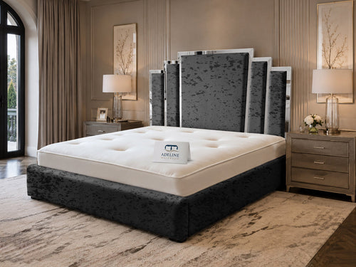 Kensington Silver Mirrored Geometric Panel Upholstered Bed Set with Floor Standing Headboard, Footboard & Storage Upgrade Option