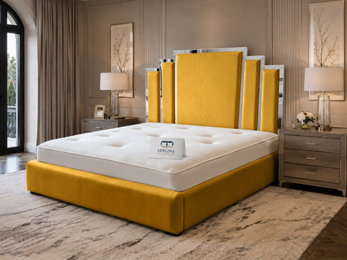 Kensington Silver Mirrored Geometric Panel Upholstered Bed Set with Floor Standing Headboard, Footboard & Storage Upgrade Option
