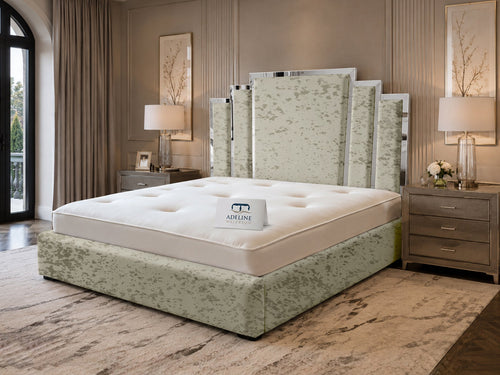 Kensington Silver Mirrored Geometric Panel Upholstered Bed Set with Floor Standing Headboard, Footboard & Storage Upgrade Option
