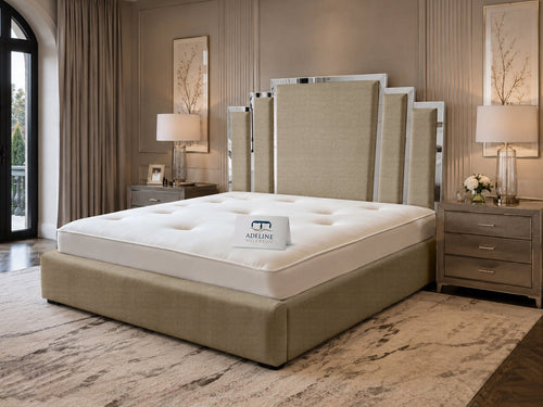 Kensington Silver Mirrored Geometric Panel Upholstered Bed Set with Floor Standing Headboard, Footboard & Storage Upgrade Option