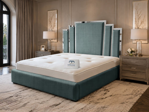 Kensington Silver Mirrored Geometric Panel Upholstered Bed Set with Floor Standing Headboard, Footboard & Storage Upgrade Option