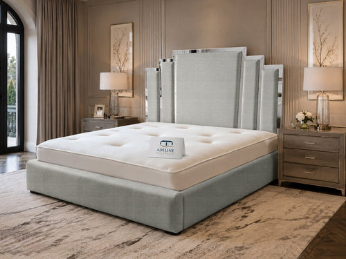 Kensington Silver Mirrored Geometric Panel Upholstered Bed Set with Floor Standing Headboard, Footboard & Storage Upgrade Option