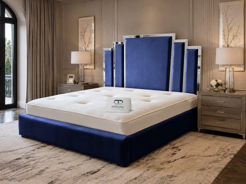 Kensington Silver Mirrored Geometric Panel Upholstered Bed Set with Floor Standing Headboard, Footboard & Storage Upgrade Option