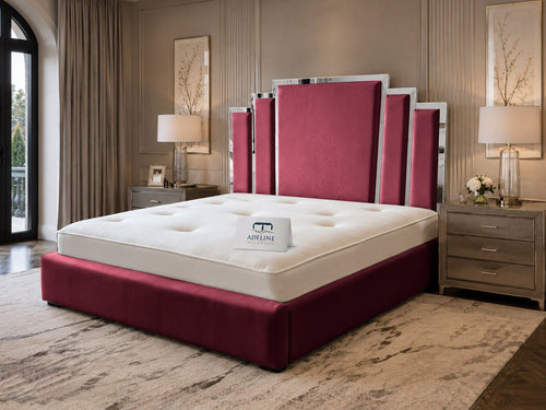 Kensington Silver Mirrored Geometric Panel Upholstered Bed Set with Floor Standing Headboard, Footboard & Storage Upgrade Option