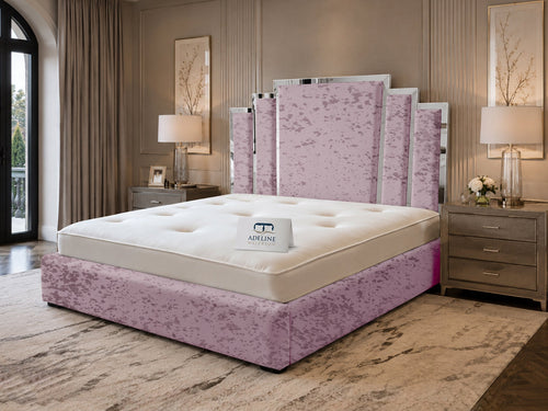Kensington Silver Mirrored Geometric Panel Upholstered Bed Set with Floor Standing Headboard, Footboard & Storage Upgrade Option