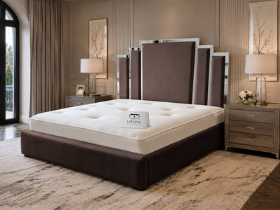 Kensington Silver Mirrored Geometric Panel Upholstered Bed Set with Floor Standing Headboard, Footboard & Storage Upgrade Option