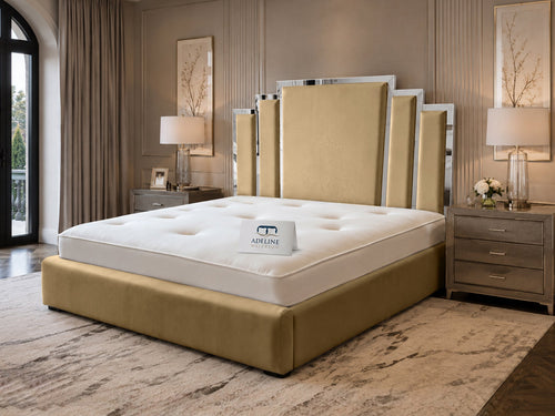 Kensington Silver Mirrored Geometric Panel Upholstered Bed Set with Floor Standing Headboard, Footboard & Storage Upgrade Option