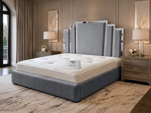 Kensington Silver Mirrored Geometric Panel Upholstered Bed Set with Floor Standing Headboard, Footboard & Storage Upgrade Option