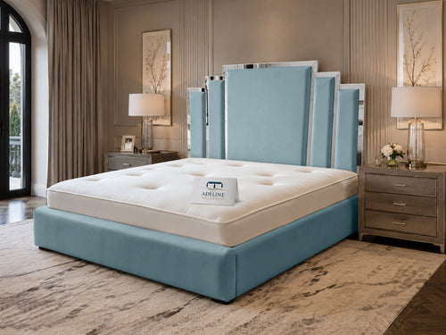 Kensington Silver Mirrored Geometric Panel Upholstered Bed Set with Floor Standing Headboard, Footboard & Storage Upgrade Option