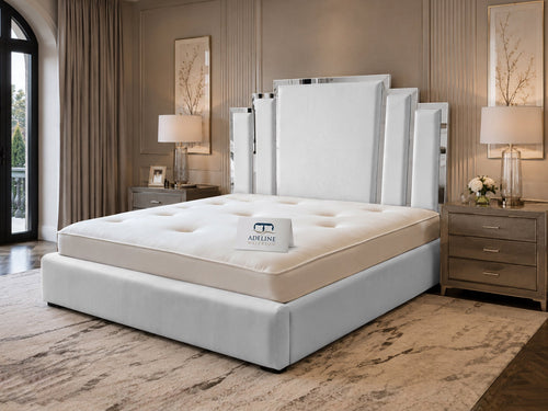 Kensington Silver Mirrored Geometric Panel Upholstered Bed Set with Floor Standing Headboard, Footboard & Storage Upgrade Option