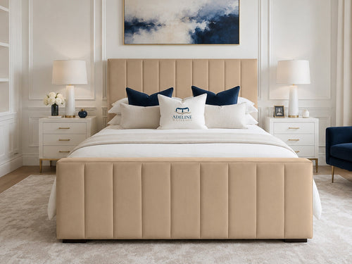 Keston Panel Upholstered Bed Set with Floor Standing Headboard, Footboard & Storage Upgrade Option