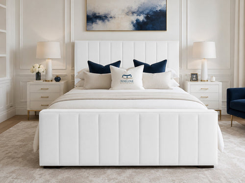 Keston Panel Upholstered Bed Set with Floor Standing Headboard, Footboard & Storage Upgrade Option