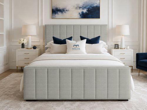 Keston Panel Upholstered Bed Set with Floor Standing Headboard, Footboard & Storage Upgrade Option
