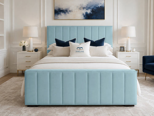 Keston Panel Upholstered Bed Set with Floor Standing Headboard, Footboard & Storage Upgrade Option