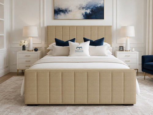 Keston Panel Upholstered Bed Set with Floor Standing Headboard, Footboard & Storage Upgrade Option