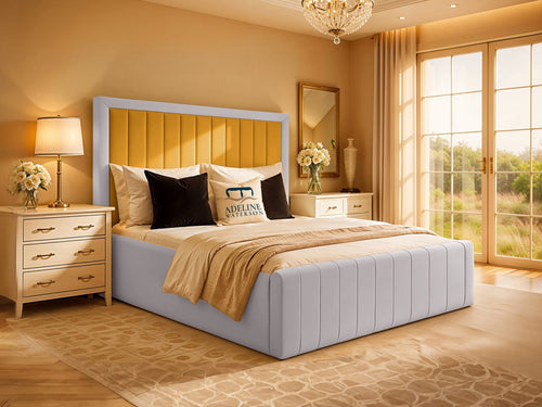 Kingsford Vertical Channel Dual Tone Fabric Bed Set with Floor Standing Headboard, Footboard & Storage Upgrade Option