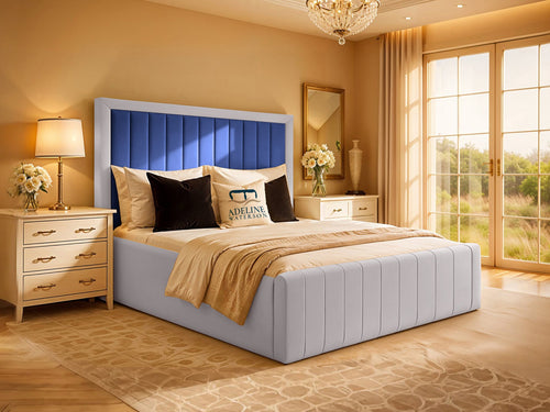 Kingsford Vertical Channel Dual Tone Fabric Bed Set with Floor Standing Headboard, Footboard & Storage Upgrade Option
