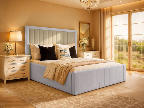 Kingsford Vertical Channel Dual Tone Fabric Bed Set with Floor Standing Headboard, Footboard & Storage Upgrade Option