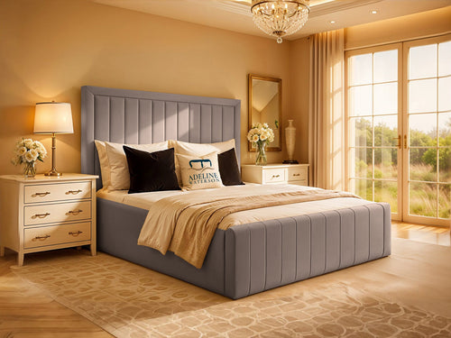 Kingsford Vertical Channel Upholstered Bed Set with Floor Standing Headboard, Footboard & Storage Upgrade Option