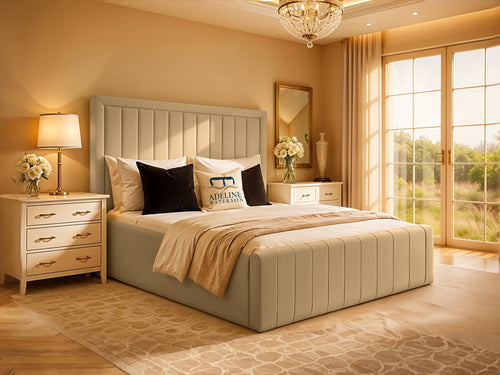 Kingsford Vertical Channel Upholstered Bed Set with Floor Standing Headboard, Footboard & Storage Upgrade Option