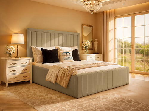 Kingsford Vertical Channel Upholstered Bed Set with Floor Standing Headboard, Footboard & Storage Upgrade Option