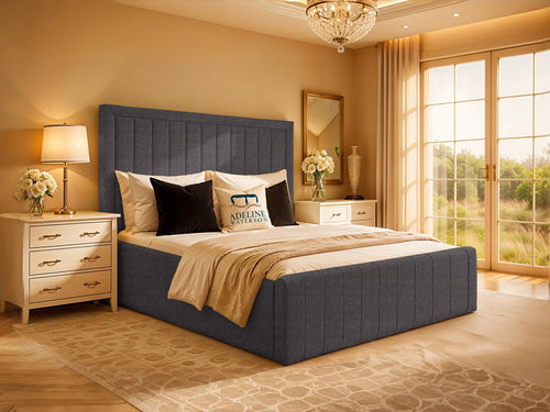Kingsford Vertical Channel Upholstered Bed Set with Floor Standing Headboard, Footboard & Storage Upgrade Option