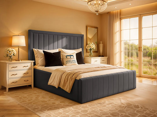 Kingsford Vertical Channel Upholstered Bed Set with Floor Standing Headboard, Footboard & Storage Upgrade Option