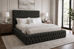 Charcoal Chenille - Knightsbridge Button-Tufted Wingback Upholstered Bed Set with Floor Standing Headboard, Footboard & Storage Upgrade Option