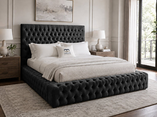 Knightsbridge Button-Tufted Wingback Upholstered Bed Set with Floor Standing Headboard, Footboard & Storage Upgrade Option