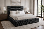 Black Plush Velvet - Knightsbridge Button-Tufted Wingback Upholstered Bed Set with Floor Standing Headboard, Footboard & Storage Upgrade Option