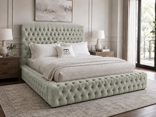 Knightsbridge Button-Tufted Wingback Upholstered Bed Set with Floor Standing Headboard, Footboard & Storage Upgrade Option