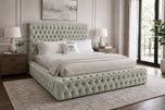 Cream Naples - Knightsbridge Button-Tufted Wingback Upholstered Bed Set with Floor Standing Headboard, Footboard & Storage Upgrade Option