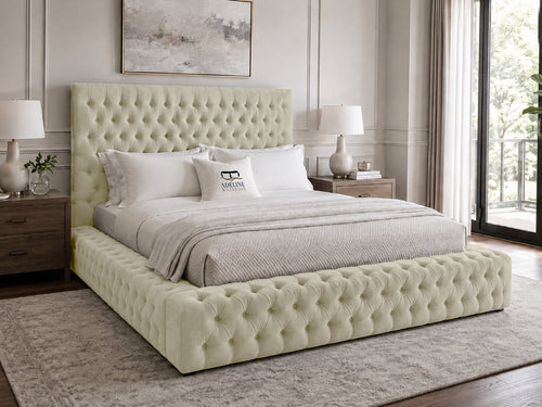 Knightsbridge Button-Tufted Wingback Upholstered Bed Set with Floor Standing Headboard, Footboard & Storage Upgrade Option