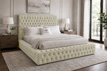 Cream Plush Velvet - Knightsbridge Button-Tufted Wingback Upholstered Bed Set with Floor Standing Headboard, Footboard & Storage Upgrade Option