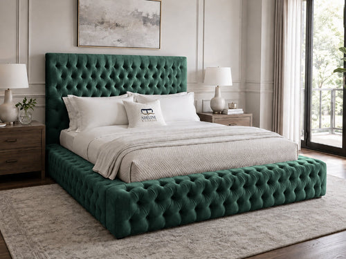 Knightsbridge Button-Tufted Wingback Upholstered Bed Set with Floor Standing Headboard, Footboard & Storage Upgrade Option