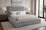 Grey Crushed Velvet - Knightsbridge Button-Tufted Wingback Upholstered Bed Set with Floor Standing Headboard, Footboard & Storage Upgrade Option