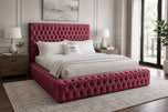 Maroon Plush Velvet - Knightsbridge Button-Tufted Wingback Upholstered Bed Set with Floor Standing Headboard, Footboard & Storage Upgrade Option
