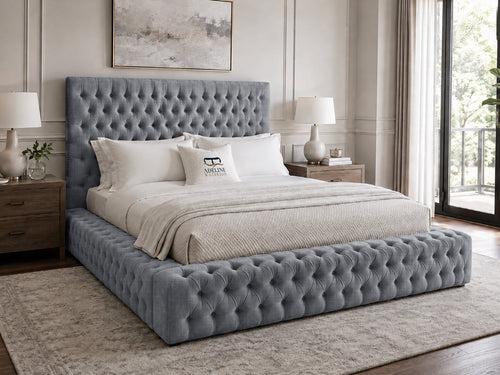 Knightsbridge Button-Tufted Wingback Upholstered Bed Set with Floor Standing Headboard, Footboard & Storage Upgrade Option