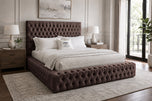 Mocha Plush Velvet - Knightsbridge Button-Tufted Wingback Upholstered Bed Set with Floor Standing Headboard, Footboard & Storage Upgrade Option