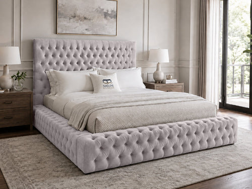 Knightsbridge Button-Tufted Wingback Upholstered Bed Set with Floor Standing Headboard, Footboard & Storage Upgrade Option