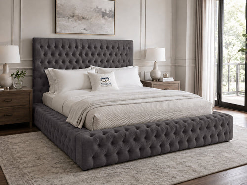 Knightsbridge Button-Tufted Wingback Upholstered Bed Set with Floor Standing Headboard, Footboard & Storage Upgrade Option