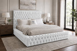 White Plush Velvet - Knightsbridge Button-Tufted Wingback Upholstered Bed Set with Floor Standing Headboard, Footboard & Storage Upgrade Option