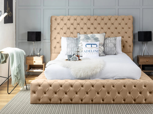 Knightsbridge Button-Tufted Wingback Upholstered Bed Set with Floor Standing Headboard, Footboard & Storage Upgrade Option