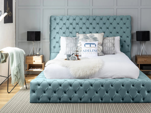 Knightsbridge Button-Tufted Wingback Upholstered Bed Set with Floor Standing Headboard, Footboard & Storage Upgrade Option