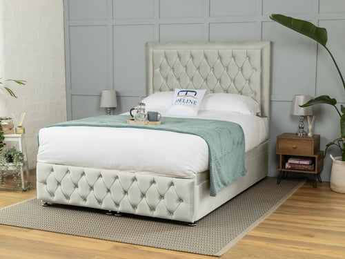 Lawrence Button-Tufted Ottoman End Lift Storage Bed Set with Floor Standing Headboard & Footboard