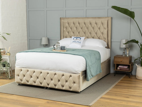 Lawrence Button-Tufted Ottoman End Lift Storage Bed Set with Floor Standing Headboard & Footboard
