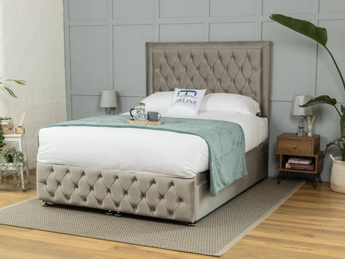 Lawrence Button-Tufted Ottoman End Lift Storage Bed Set with Floor Standing Headboard & Footboard