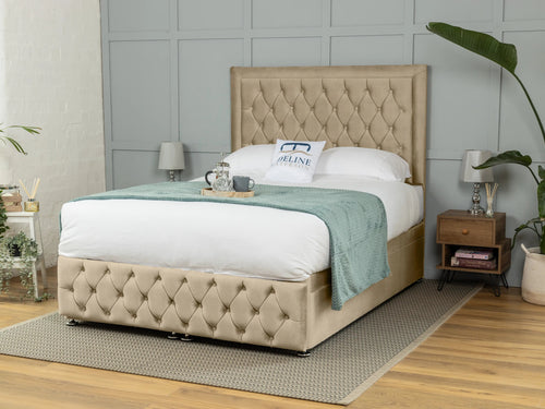 Lawrence Button-Tufted Ottoman End Lift Storage Bed Set with Floor Standing Headboard & Footboard