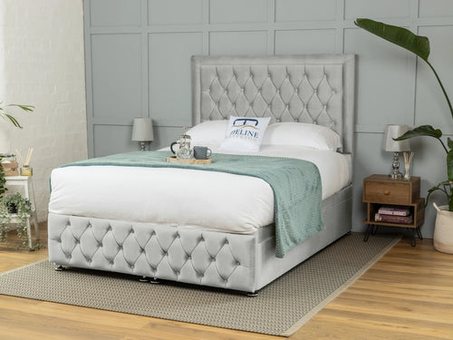 Lawrence Button-Tufted Ottoman End Lift Storage Bed Set with Floor Standing Headboard & Footboard