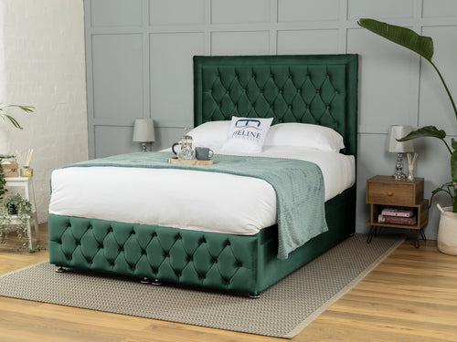 Lawrence Button-Tufted Ottoman End Lift Storage Bed Set with Floor Standing Headboard & Footboard